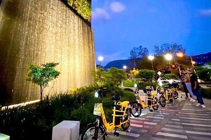 A row of yellow bicycles parked along a pathway with a large concrete wall and greenery on one side. 2