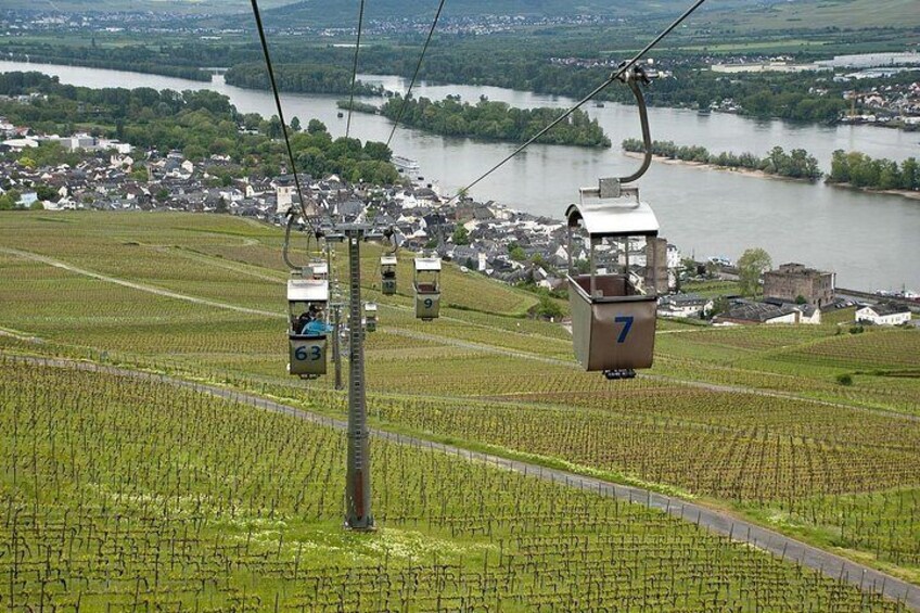 Sistema de teleférico sobre viñedos, con un río y un pueblo al fondo. 2