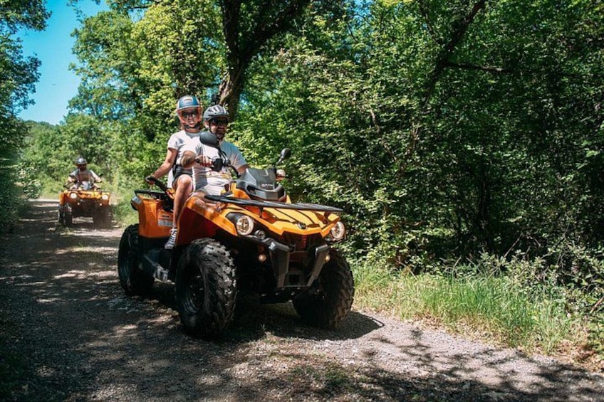 A dirt road with four orange ATVs, surrounded by dense green foliage. 2
