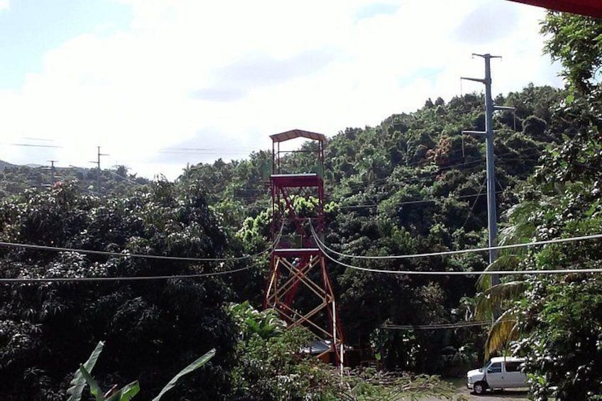 A red metal structure, possibly a tower, amidst dense green foliage with a white car parked nearby. 2