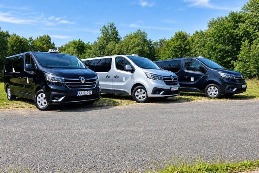 Tre furgoni Renault Trafic parcheggiati su una strada, con alberi sullo sfondo. 2