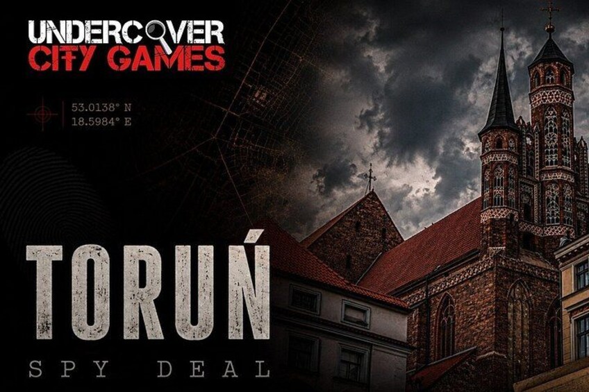 A cityscape with a prominent church tower and the text 'TORÚN SPY DEAL' and 'UNDERCOVER CITY GAMES'. 1