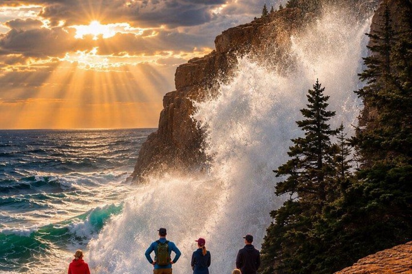 A coastal cliff with waves crashing against it, a sunset, and a few people observing the scene. 5