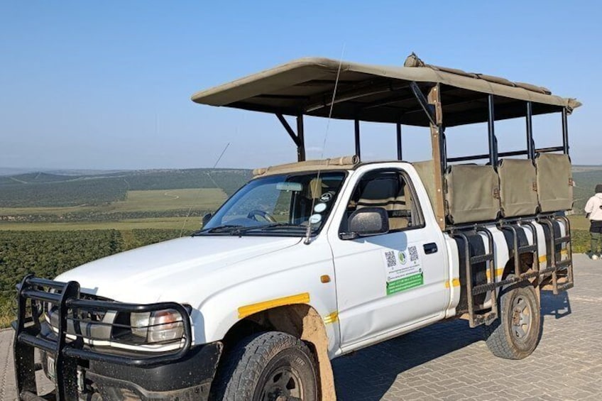 Una camioneta pickup blanca con toldo de lona y neumáticos de repuesto, estacionada en un área pavimentada con un paisaje rural de fondo. 1