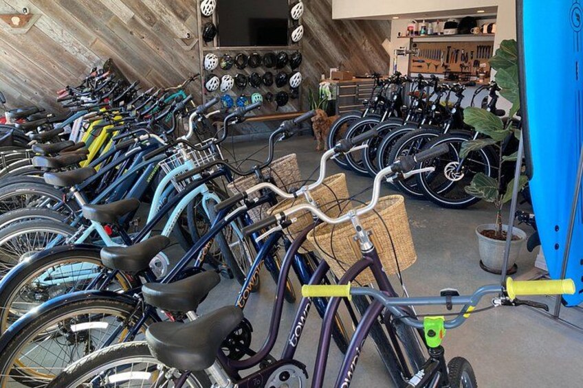 A row of bicycles parked indoors, with a wooden wall and a blue door in the background. 4