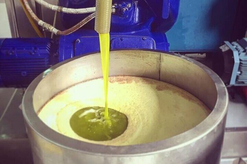 A yellow liquid being poured into a metal container. 1