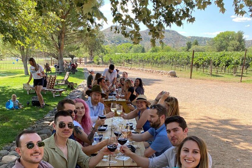 A group of people enjoying a meal outdoors in a vineyard setting. 2