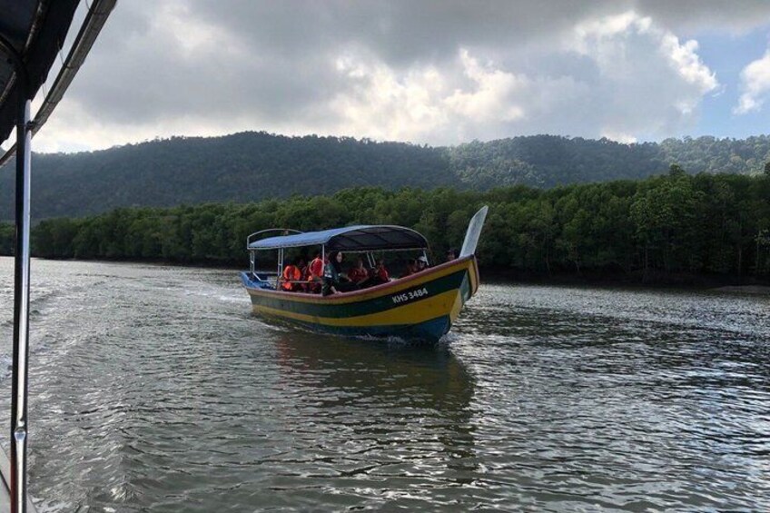 A colorful boat on a river with a forested hill in the background. 3