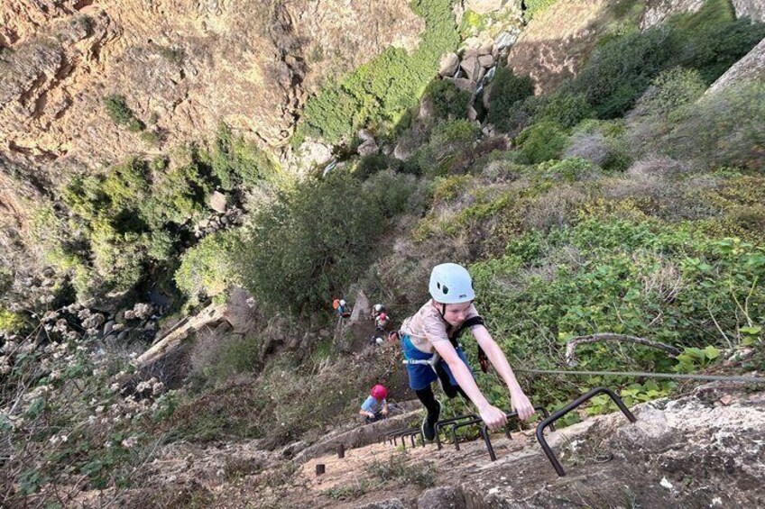 A person climbing a rocky hillside with a helmet and harness, surrounded by greenery and a rocky cliff. 4