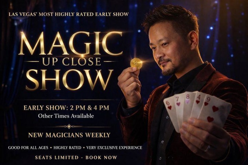 A magician performing with cards and a coin. 1