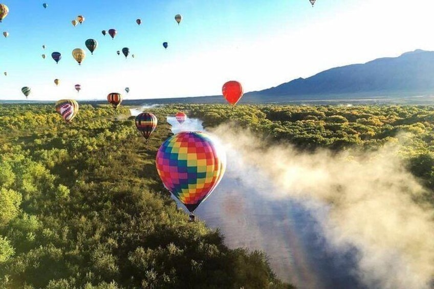 A landscape with multiple hot air balloons, one with a colorful pattern, flying over a green forested area. 1