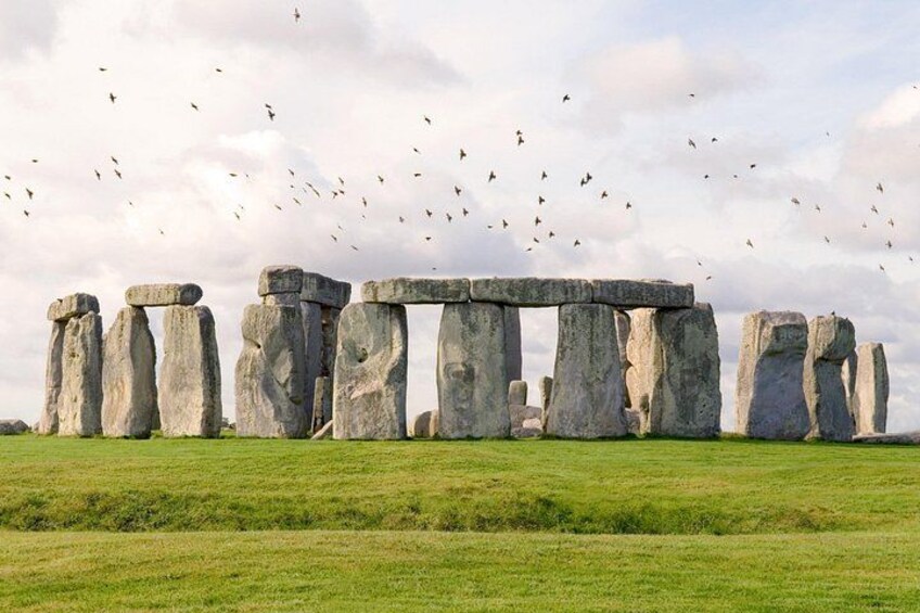 Stonehenge standing in a grassy field with birds flying in the sky. 5