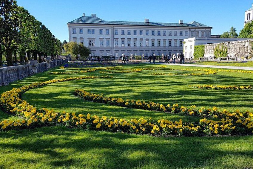 A formal garden with geometric flower beds, a large building, and a clear blue sky. 3