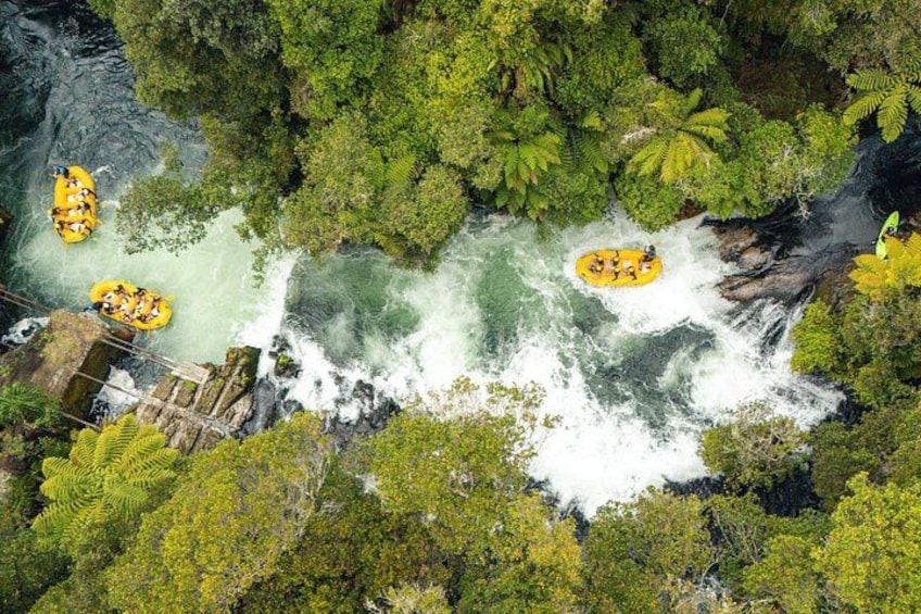 Een rivier met watervallen, omringd door dicht bos. 5