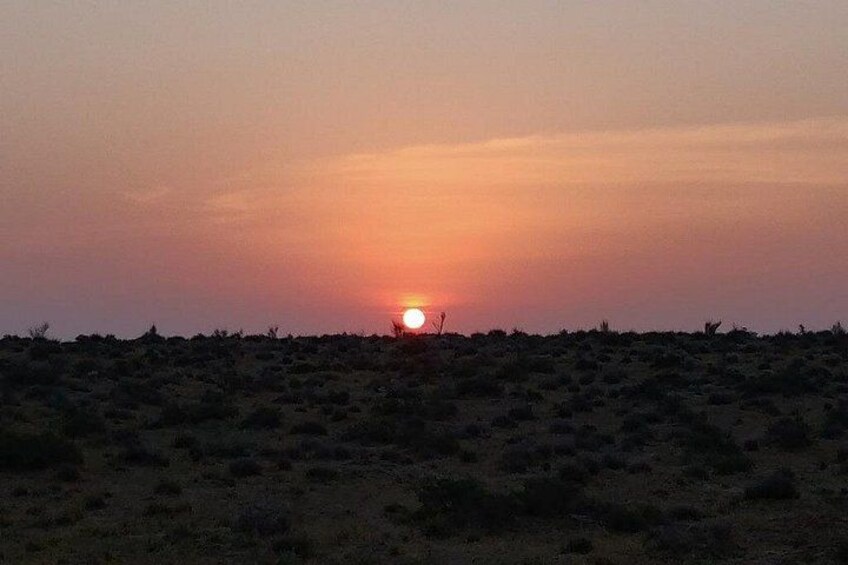 A sunset over a desert landscape with sparse vegetation. 3