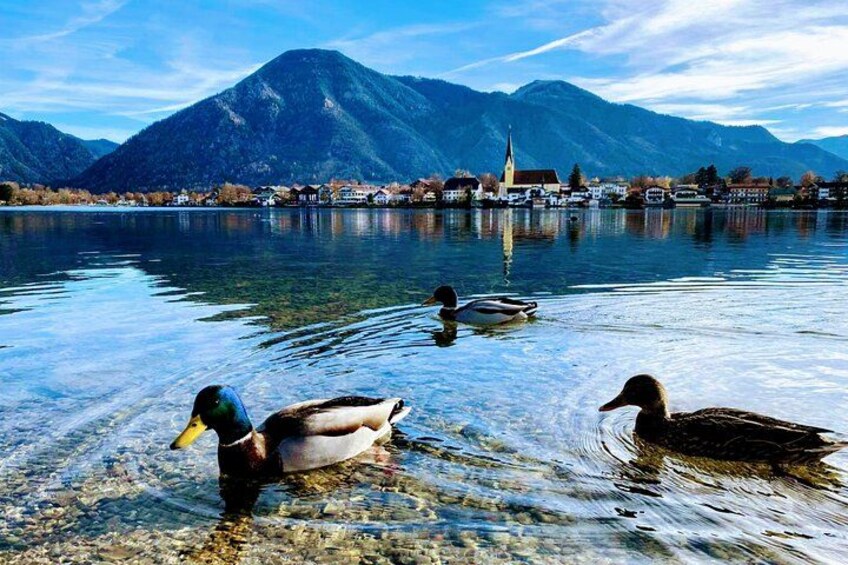 Ein See mit Enten, Bergen und einer Kirche im Hintergrund. 2