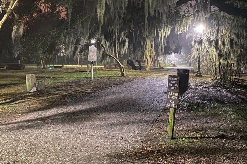 A cemetery path with a sign indicating hours of operation and a leash requirement for pets. 2