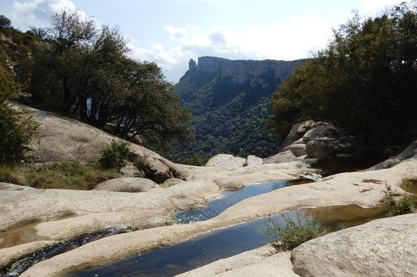 A rocky landscape with a small stream, trees, and a mountain in the background. 5