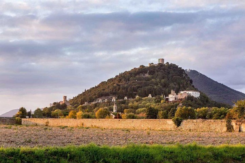 A hilltop with buildings, a tower, and a field in the foreground. 3