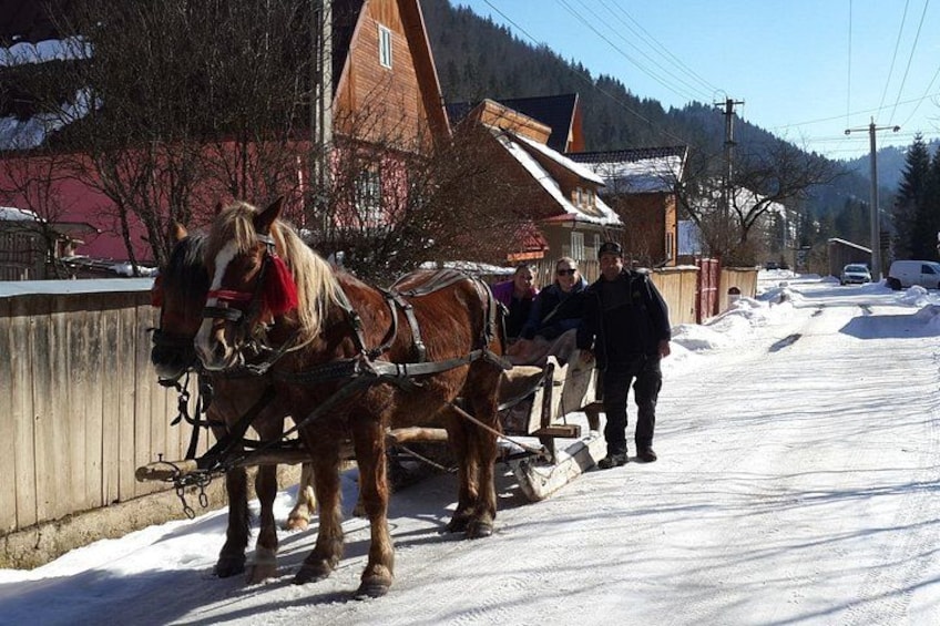 A horse-drawn carriage on a snow-covered road with buildings and mountains in the background. 4