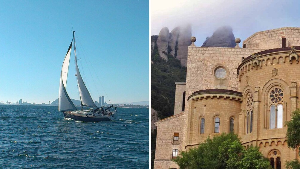 Split image of a sailboat on the water and the Monastery of Montserrat 1