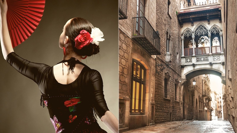Una persona con un vestido negro de estampados coloridos, sosteniendo un abanico rojo, y una calle estrecha con arquitectura gótica. 1