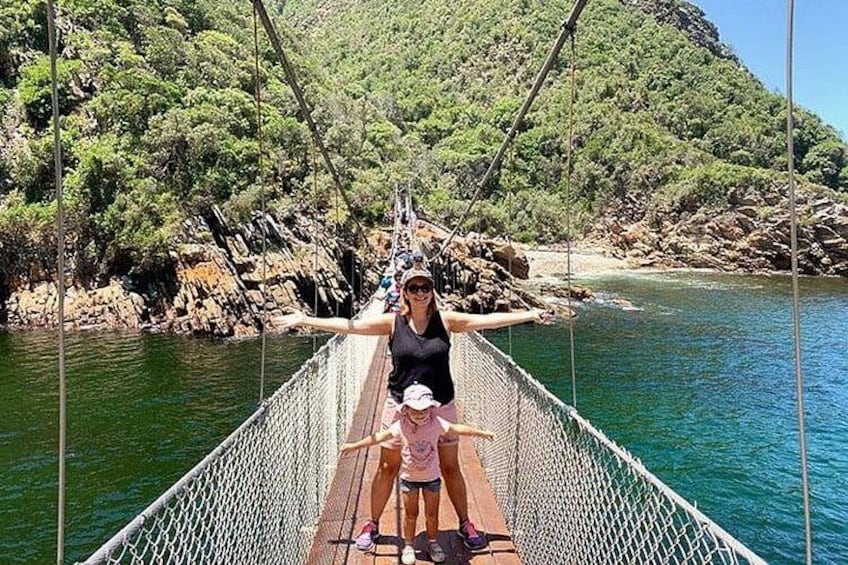 A person on a suspension bridge over a river, surrounded by greenery and rocky terrain. 2