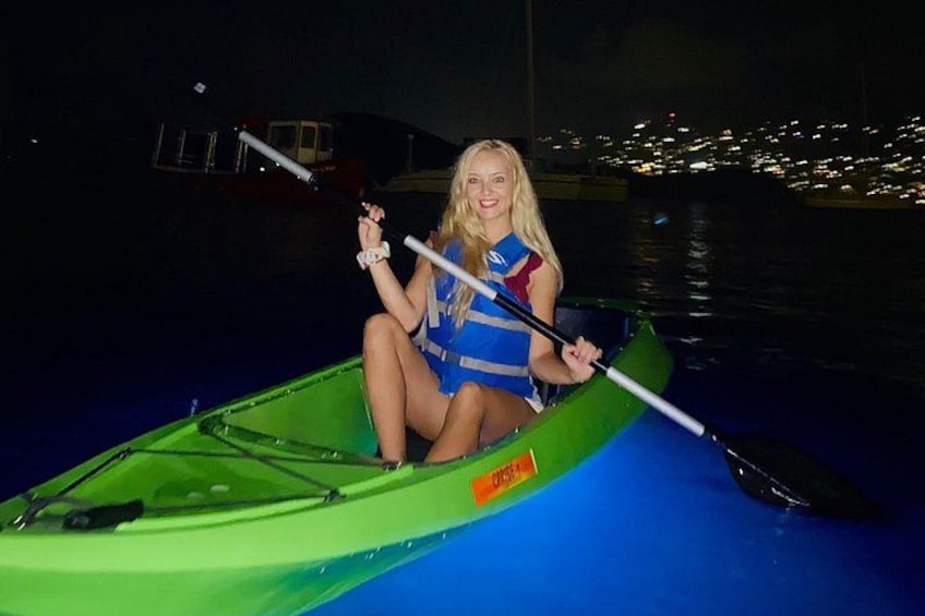 Aryanna enjoying Kayak After Dark with Charlotte Amalie Harbour in the background 4