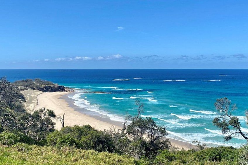 A coastal landscape with a sandy beach, turquoise ocean, and green vegetation. 3