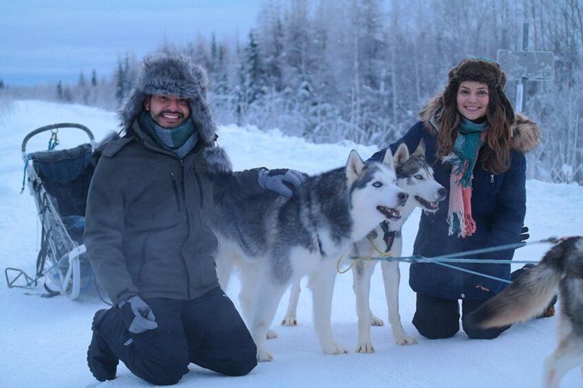 Un paysage enneigé avec une luge et deux huskies. 3