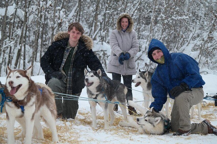 Un paysage enneigé avec des personnes et des huskies. 4