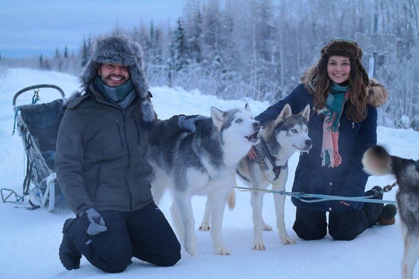 Un paysage enneigé avec une luge et deux huskies. 2