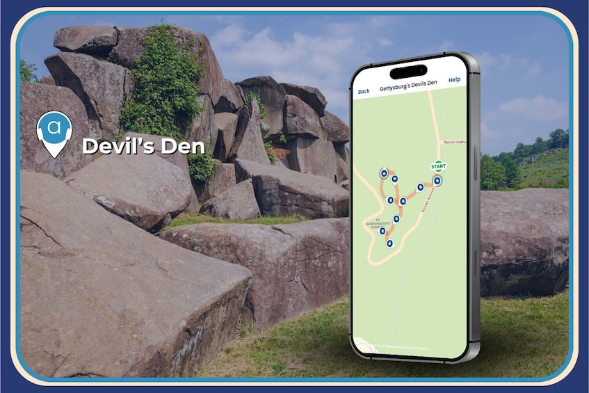 A smartphone displaying a map with a location marked 'Devil's Den' and a large rock formation in the background. 4