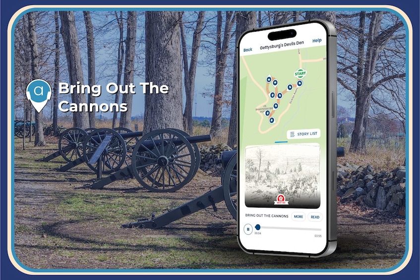 A smartphone displaying a map with a historical cannon exhibit in Gettysburg's Devil's Den. 5