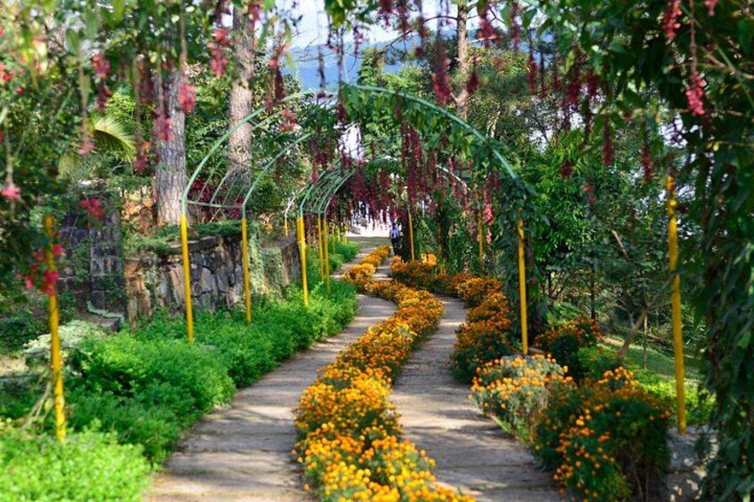 A garden pathway lined with orange flowers and green foliage, with a stone wall on one side and a metal archway overhead. 1