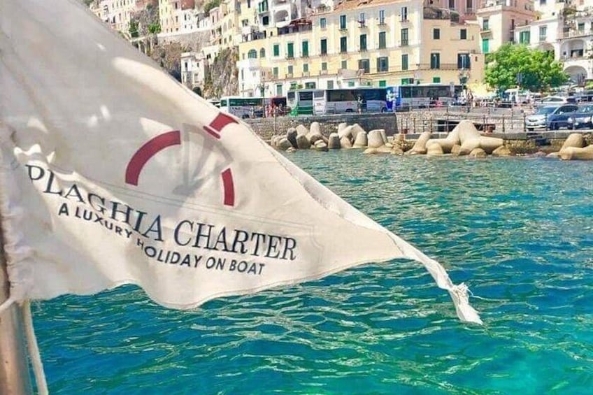 A flag with 'Plachia Charter' text, a body of water, and buildings in the background. 4