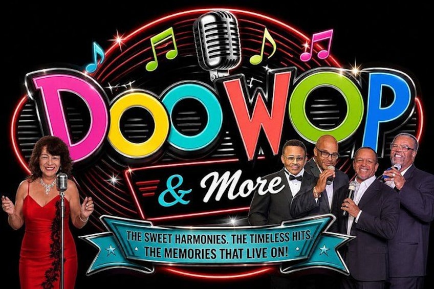 Locandina promozionale per un evento musicale con un microfono, note musicali e un gruppo di persone. 2