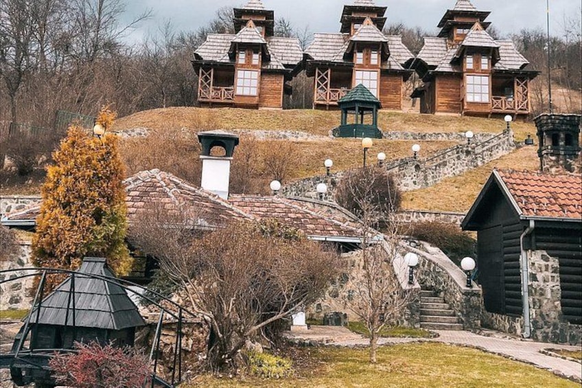 A wooden house with a steep roof, a stone pathway, and a small tree in the foreground. 4
