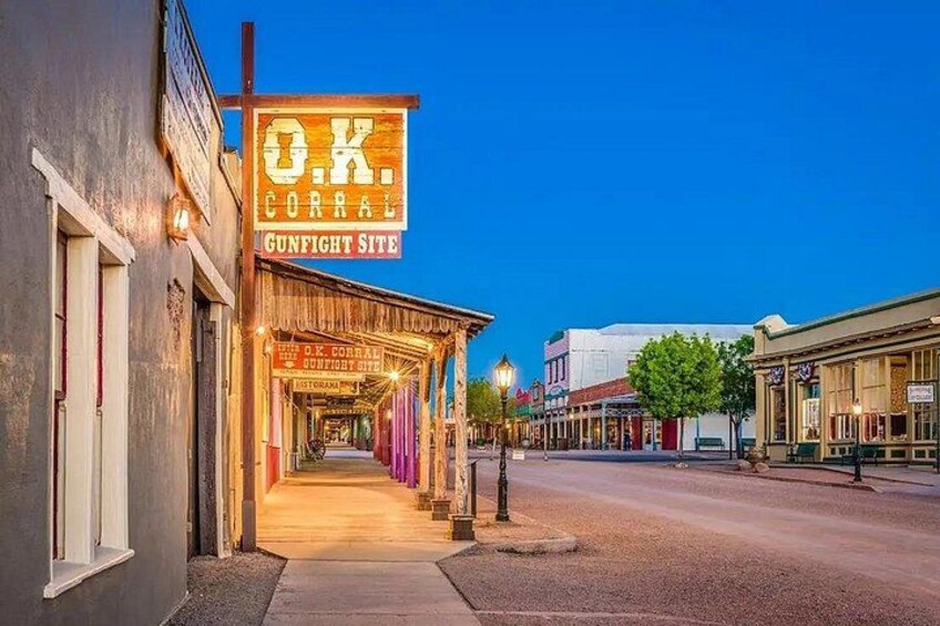 A street with a building labeled 'O.K. Corrals Gunfight Site.' 2
