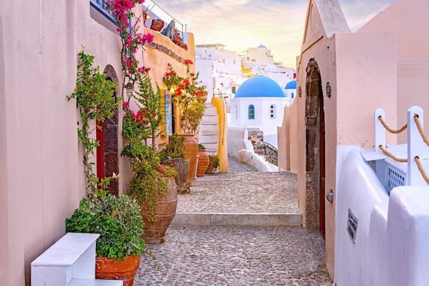 A narrow cobblestone street flanked by buildings with white and blue domes, potted plants, and a white fence. 1