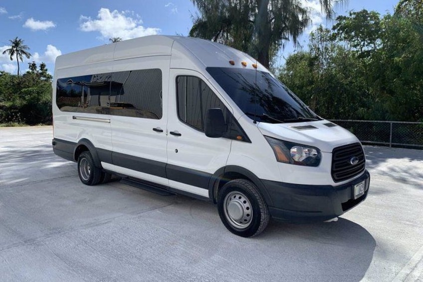 A white van parked on a concrete surface with a clear sky and trees in the background. 3