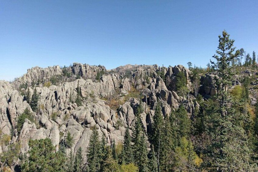 Ett kargt bergslandskap med kala klippor och tät barrskog. 2
