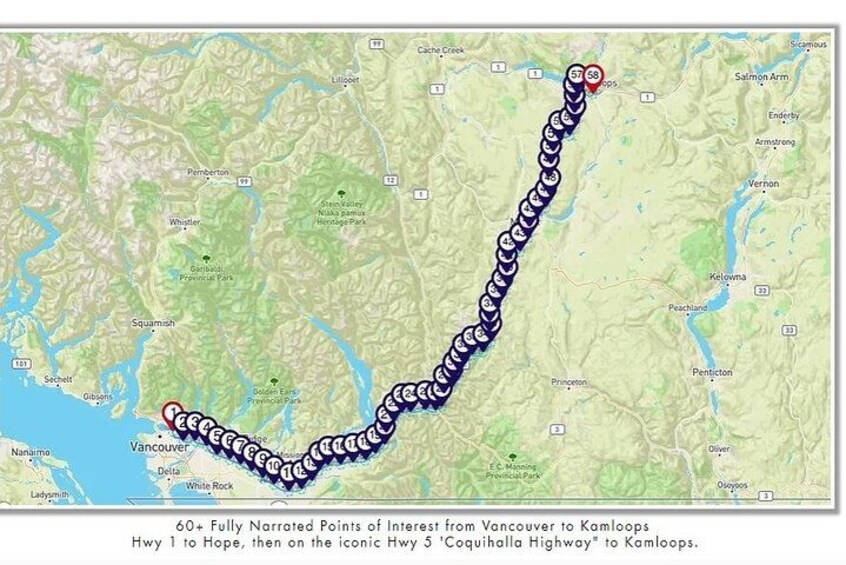 Een kaart met een route van Vancouver naar Kamloops, gemarkeerd met meer dan 60 bezienswaardigheden. 4