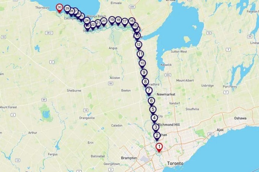 A map with a route marked by numbered circles from Thornbury to Toronto. 2