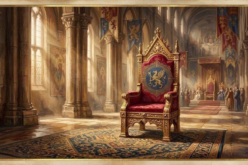 Ein prachtvoller Saal mit Thron, Säulen und Bannern. 2