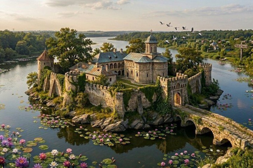 Eine historische Burg auf einer Flussinsel mit einer Kirche, umgeben von Seerosen und viel Grün. 1