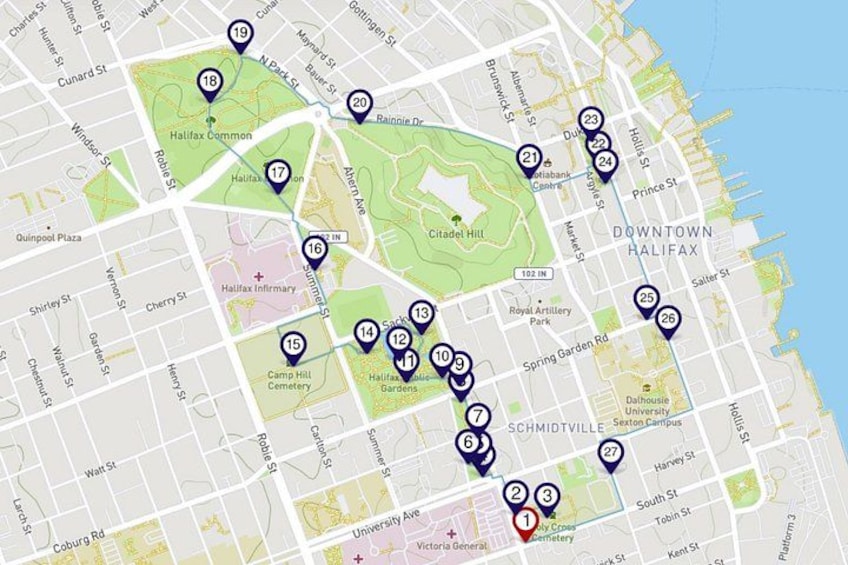 Eine Karte des Stadtzentrums Halifax mit nummerierten Markierungen, die bestimmte Orte zeigen. 1