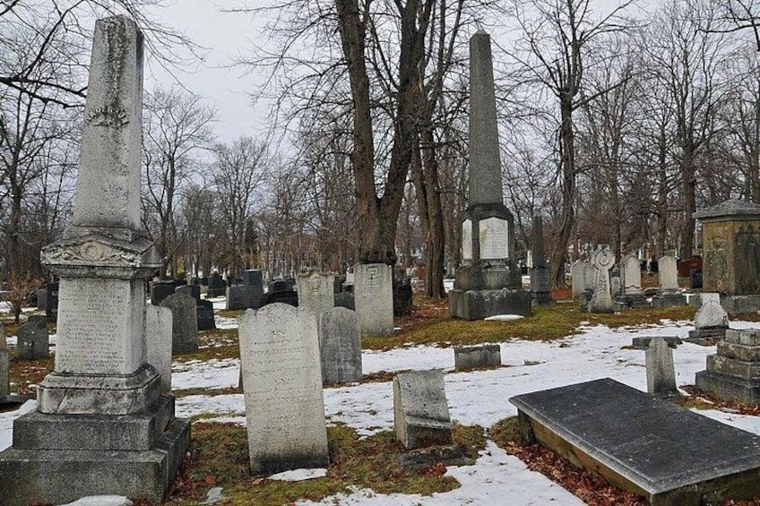 A cemetery with gravestones and a tall monument. 4