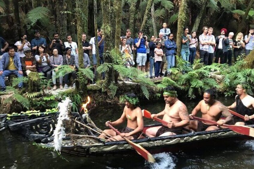 En grupp människor som paddlar en kanot i en flod som omges av skog. 2