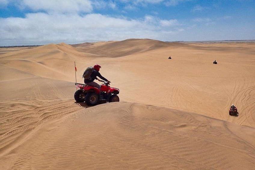 A person riding a red quad bike across a desert with sand dunes. 5